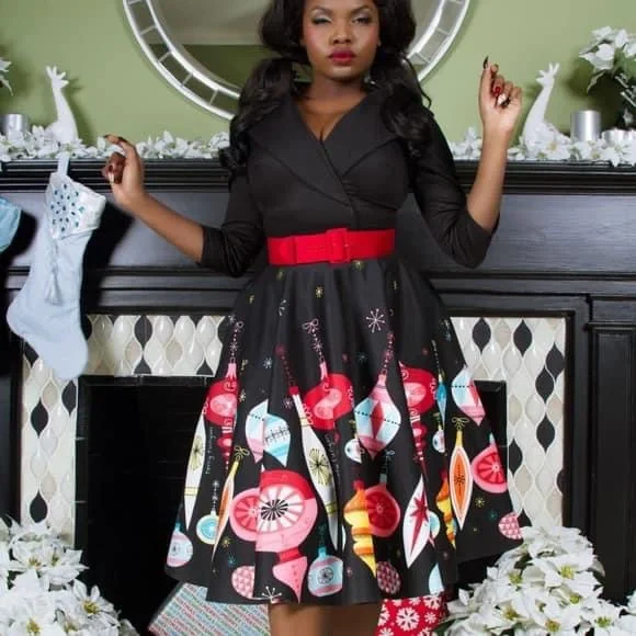 Pinup Couture Black Midi Dress with Colorful Lantern Print - CROSS-POSTED - Picture 2 of 5